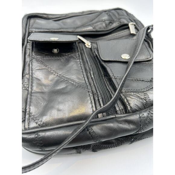 Vintage‎ Patch Leather Women Medium Black Crossbody Lined Sectional Shoulder Bag - Picture 4 of 11
